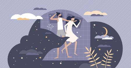 Good sleep as relaxation in bed at night for healthy rest tiny person concept. Deep and sweet dreaming and tight bedtime vector illustration. Comfortable pillow and blanket for couple wellness scene.のイラスト素材