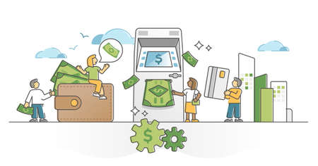 Cash withdraw and deposit in ATM bank money terminal machine outline concept. Financial banknote flow with payout and checkout vector illustration. Economical bank service for dollar circulation.のイラスト素材