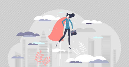 Business woman superhero as powerful female leader job tiny person concept. Strength and confidence in symbolic leadership vector illustration. Professional career achievement or personal growth sceneのイラスト素材