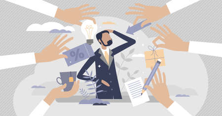 Customer centric performance or client focused offers tiny persons concept. Products or service with advantage accommodation for special partnership as marketing method or strategy vector illustrationのイラスト素材