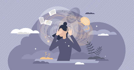 Frustration swirl as dizzy mental feeling problem crisis tiny person concept. Work overload pressure...