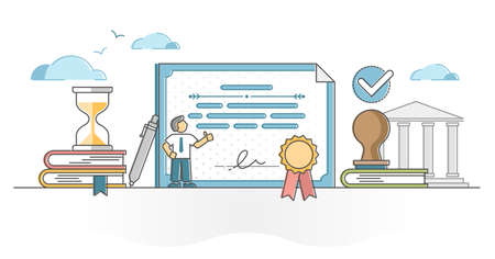 Certificate document as award or diploma about skill or knowledge achievement outline concept. Legal document that proves appropriate professional in work vector illustration. Official honor note.のイラスト素材