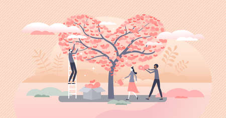 Donation tree as volunteer support or giving care, love and solidarity tiny person concept. Branches...