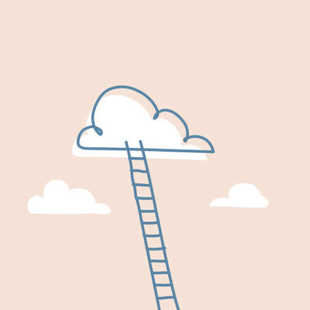 Stepladder leading to the clouds as success and progress metaphor concept. Reaching dreams and life goals. Minimal vector illustration drawing. Ambition for achievement and personal growth.のイラスト素材