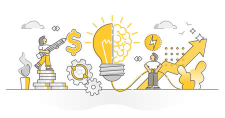 Creativity as solution invention and profit growth monocolor outline concept. Bright idea breakthrough as new startup implementation vector illustration. Smart brain and creative project as lightbulb.のイラスト素材