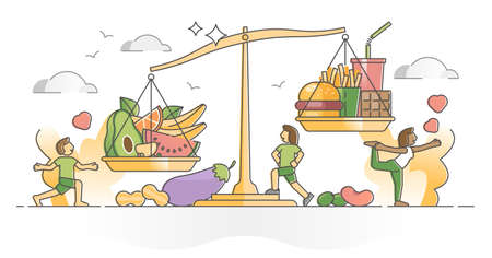 Food balance as body control with healthy meal diet vs junk and fast food outline concept. Ingredients scale with compared vegetarian fresh products and fatty unhealthy eating vector illustration.のイラスト素材