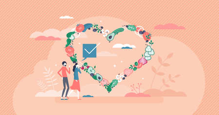 Healthy food menu as heart from organic vegetables and greens tiny person concept. Love natural ingredients and plant based meal choice products for delicious and wholesome diet vector illustration.のイラスト素材