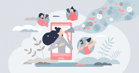 Influencer marketing with product popularization content tiny person conceptのイラスト素材