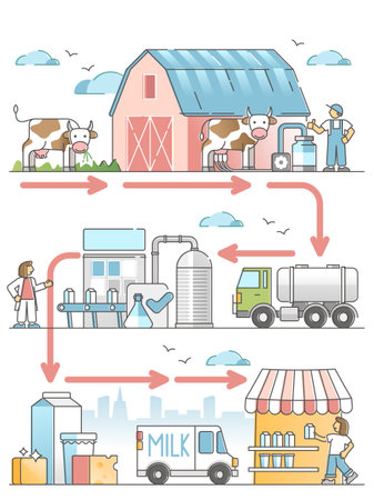 Milk production diagram with dairy industry process chain outline conceptのイラスト素材