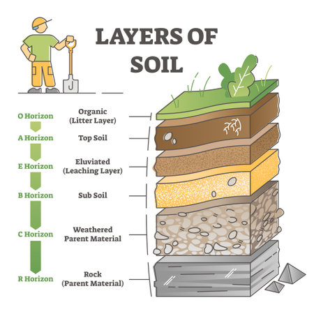 Layers of soil diagram as educational labeled earth structure outline conceptのイラスト素材