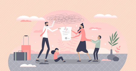 Family quarrel and divorce conflict involving children tiny person conceptのイラスト素材