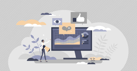 Social media metrics for advertising feedback analysis tiny person conceptのイラスト素材