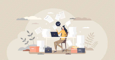 Busy work female with company paperwork pile in office tiny person conceptのイラスト素材
