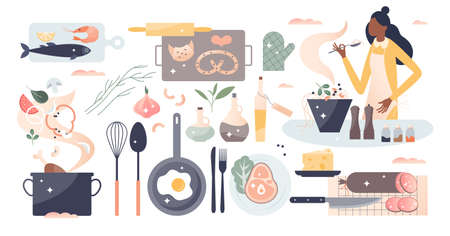 Cooking set as household kitchen food preparation items tiny person conceptのイラスト素材