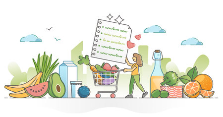 Food balance as healthy eating products choice while shopping outline conceptのイラスト素材