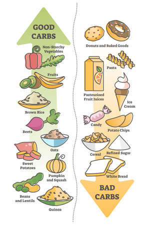 Good carbohydrates vs bad carbs as food example educational outline diagramのイラスト素材