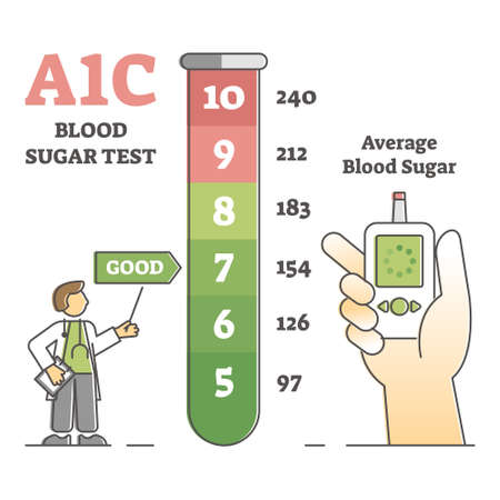A1C blood sugar test with glucose level measurement list outline diagramのイラスト素材