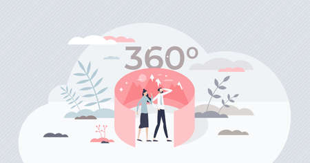 Virtual tour technology as 360 degree digital simulation tiny person concept