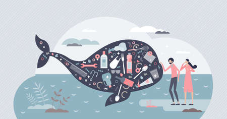 Ocean pollution and plastic concentration as whale danger tiny person conceptのイラスト素材