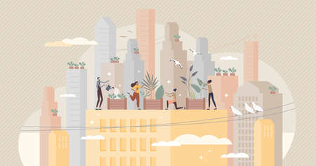 City gardening and plants agriculture on urban rooftops tiny person conceptのイラスト素材