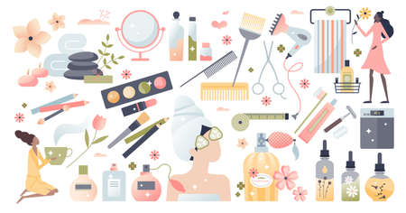 Beauty set with female cosmetics, spa and skincare items tiny peron conceptのイラスト素材