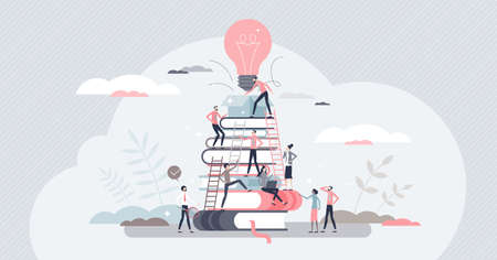 Building business with corporate knowledge and teamwork tiny person concept