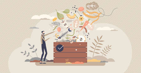 Composting organic food leftovers to fertilize new soil tiny person concept