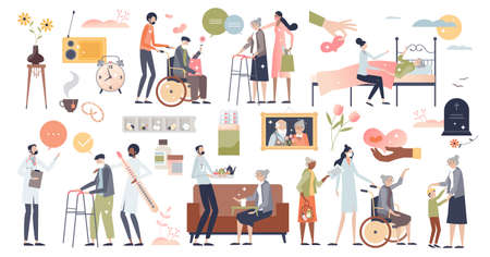 Elder care set with nursing or senior assistance elements tiny person conceptのイラスト素材