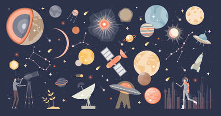 Cosmos collection set and space with stars and galaxies tiny person conceptのイラスト素材