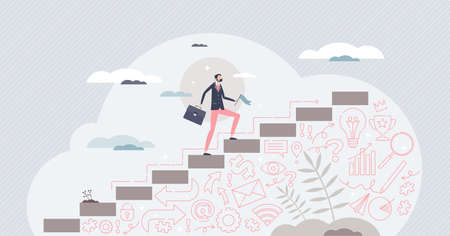 Business success as leader climbing achievement steps tiny person conceptのイラスト素材