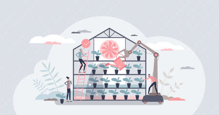 Vertical farming and robotic automated indoor agriculture tiny person conceptのイラスト素材