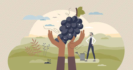 Harvesting season scene with farmer and organic fruits tiny person concept. Autumn plant collecting...
