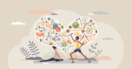 Healthy habits lifestyle as diet eating and active sport tiny person conceptのイラスト素材