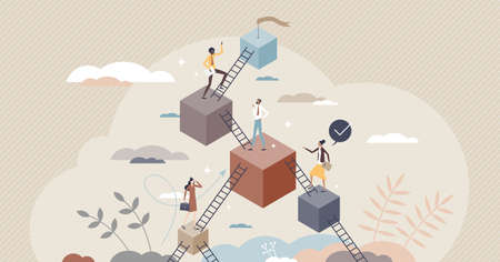 Leveling up and career development with progress stairs tiny person conceptのイラスト素材