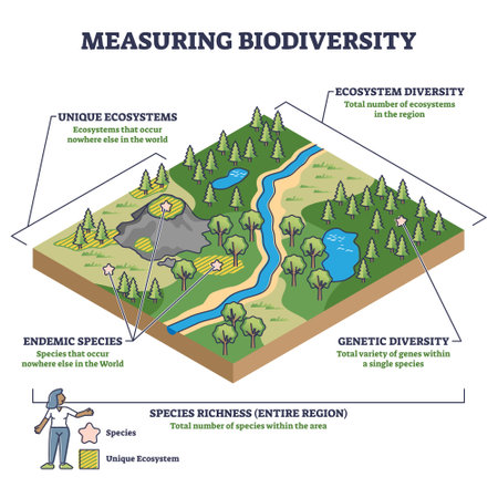 Measuring biodiversity in ecosystem or species at one region outline diagramのイラスト素材