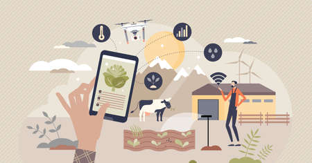Smart farming and agriculture with drone tech control tiny person conceptのイラスト素材