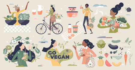 Vegan and natural, green diet eating lifestyle tiny person collection setのイラスト素材