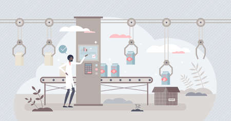 Food production and automated dairy manufacturing process tiny person conceptのイラスト素材