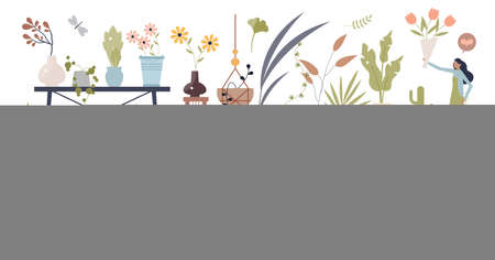 Flowers and plants elements with leafs in pots tiny person collection setのイラスト素材