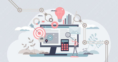 Marketing automation with scheduled social media posts tiny person conceptのイラスト素材