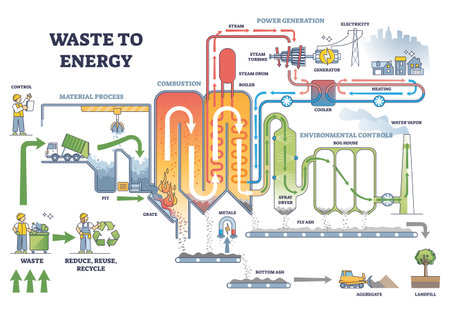 Waste to energy process scheme with labeled description steps outline diagramのイラスト素材