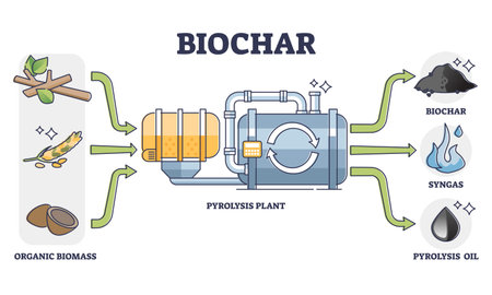 Biochar, syngas and oil production by pyrolysis plant from organic biomassのイラスト素材