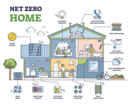 Net zero home, sustainable and efficient residential house outline diagramのイラスト素材