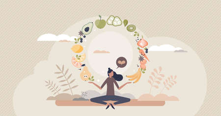 Mindful eating and daily diet with harmony and balance tiny person conceptのイラスト素材
