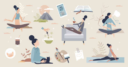 Revealing stress with yoga and meditation for peace tiny person collectionのイラスト素材