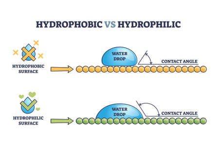 Hydrophobic vs hydrophilic surface effect on water drop outline diagramのイラスト素材