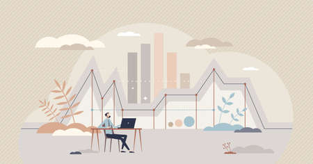 Data analysis and information research with stock diagram tiny person conceptのイラスト素材