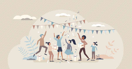 Kids party with presents and festive confetti in birthday tiny person conceptのイラスト素材