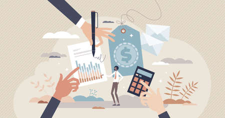 Pricing strategy and business cost recalculation plan tiny person conceptのイラスト素材