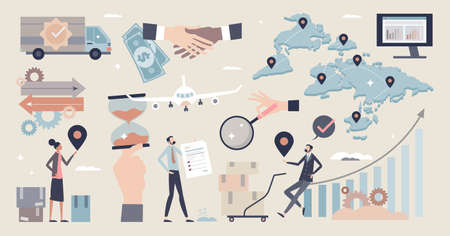 Supply chain management set items with scm logistics tiny person collectionのイラスト素材